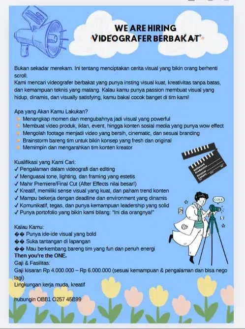 WE ARE HIRING: VIDEOGRAFER BERBAKAT/CONTEN CREATOR