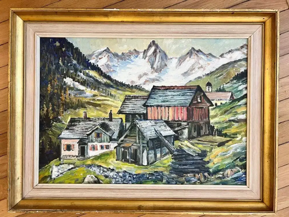 Original Mid-Century Alpine Landscape Vibrant Oil Painting Lukisan
