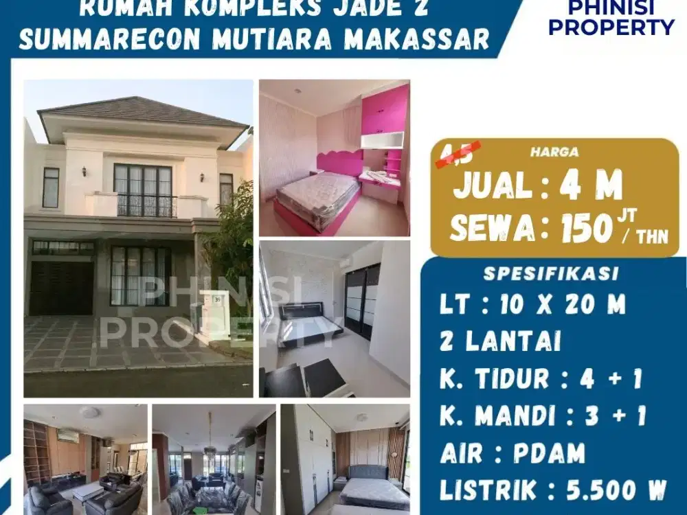 DIJUAL / DISEWAKAN RUMAH MURAH SUDAH FULL FURNISH DI JADE 2  SUMMARECON MUTIARA