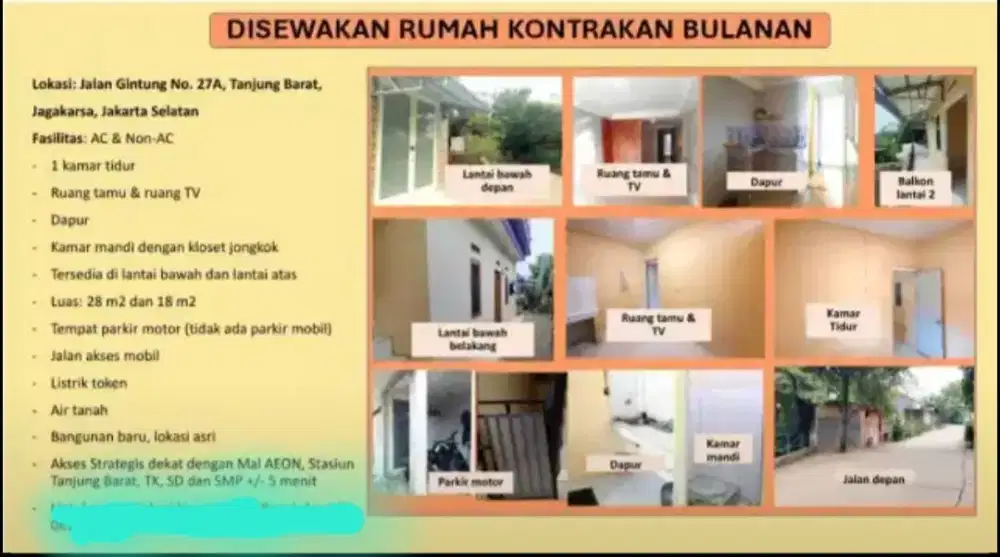 Disewakan Rumah Kontrakan Bulanan di Lokasi Strategis Jaksel.