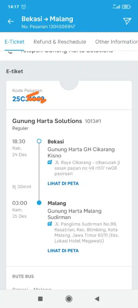 Jual tiket bus Gunung Harta Cikarang malang