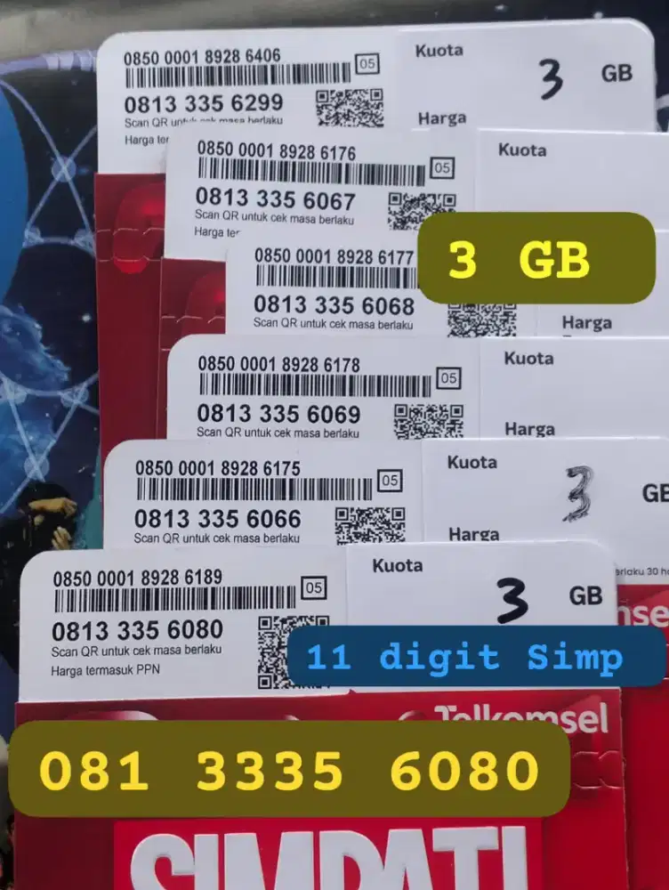 NOMOR 11 DIGIT TELKOMSEL KUOTA 3 GB NASIONAL  BERLAKU SATU BULAN.