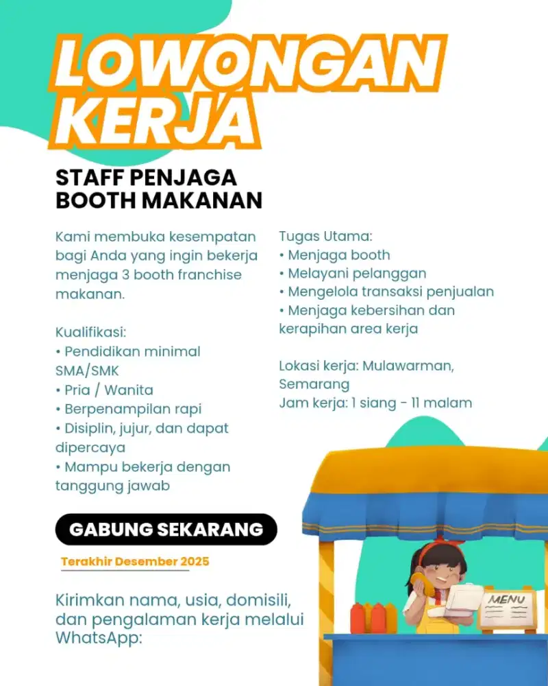 Lowongan Kerja – Staff Penjaga 3 Booth Franchise Makanan
