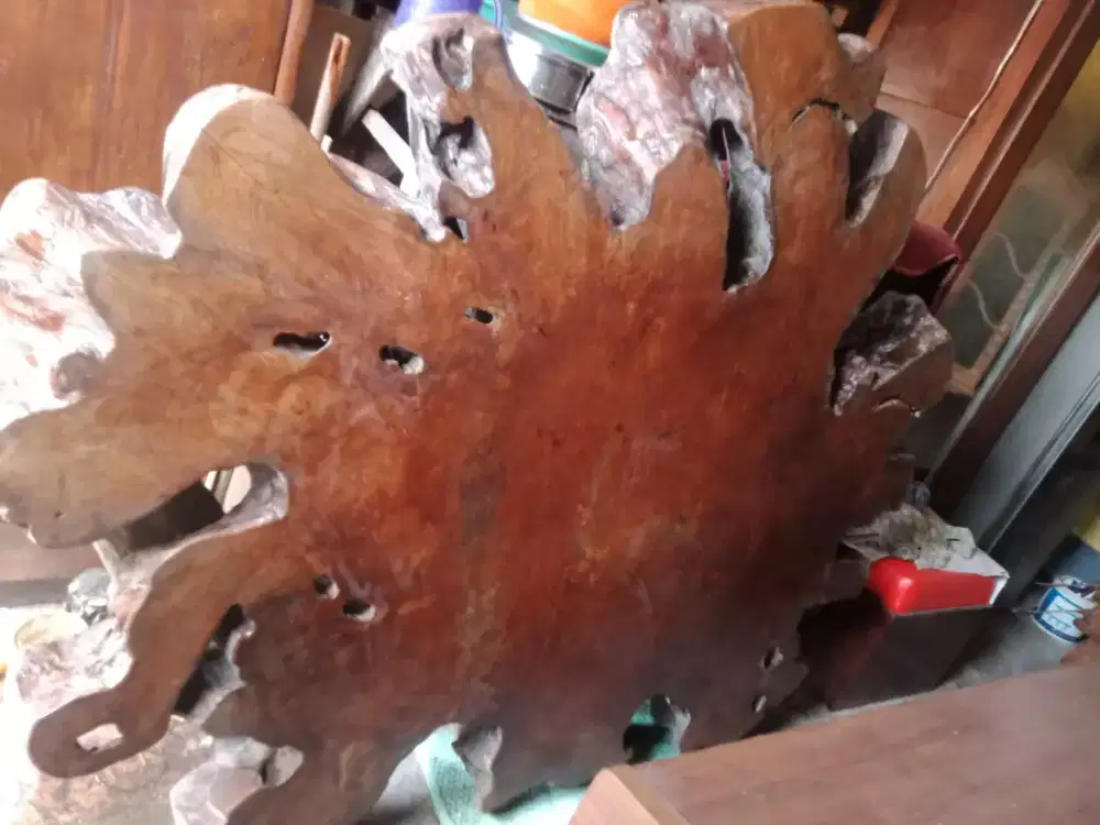 Meja akar jati langka diameter 160cm utuh,