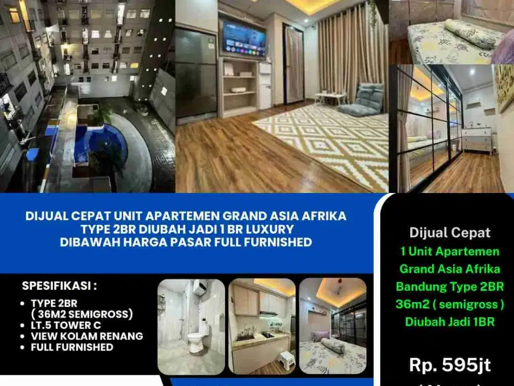 Dijual Cepat Unit Apartemen Grand Asia Afrika
Type 2br 36m2 ( Di Renovasi Jadi 1BR ) Semigross Luxury Full Furnished