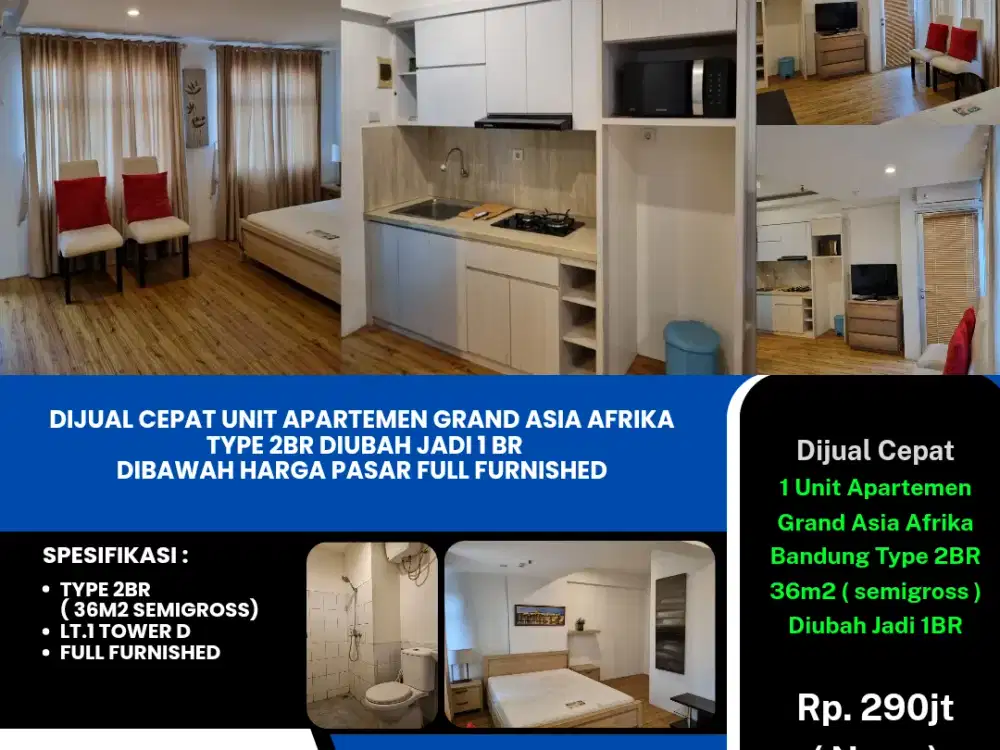 Dijual Cepat Unit Apartemen Grand Asia Afrika 
Type 2BR Diubah Jadi 1BR
Termurah Dibawah Harga Pasar Full Furnished