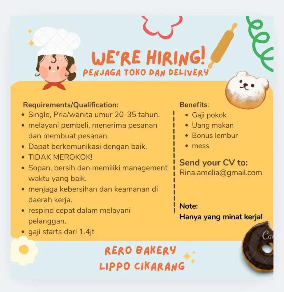 Di cari penjaga toko WANITA dan asisten Baker Wanita