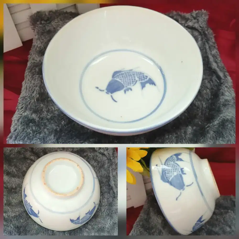 Mangkuk keramik vintage Chinese porcelain lukisan tangan ikan Koi