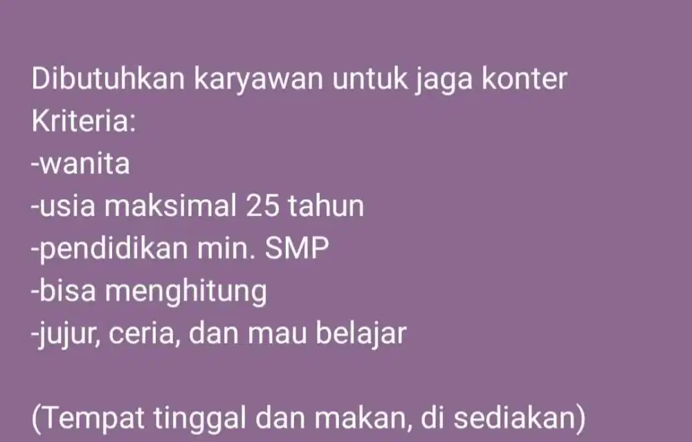 Lowongan kerja jaga konter