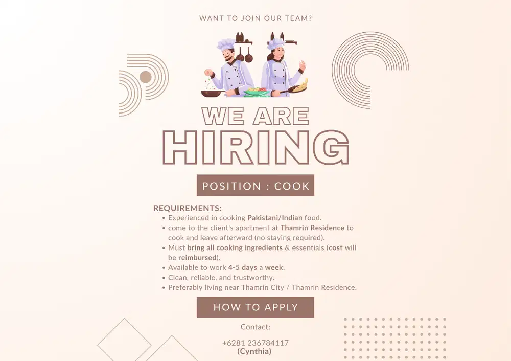 Dicari Juru Masak Masakan India/Pakistan – Thamrin Residence