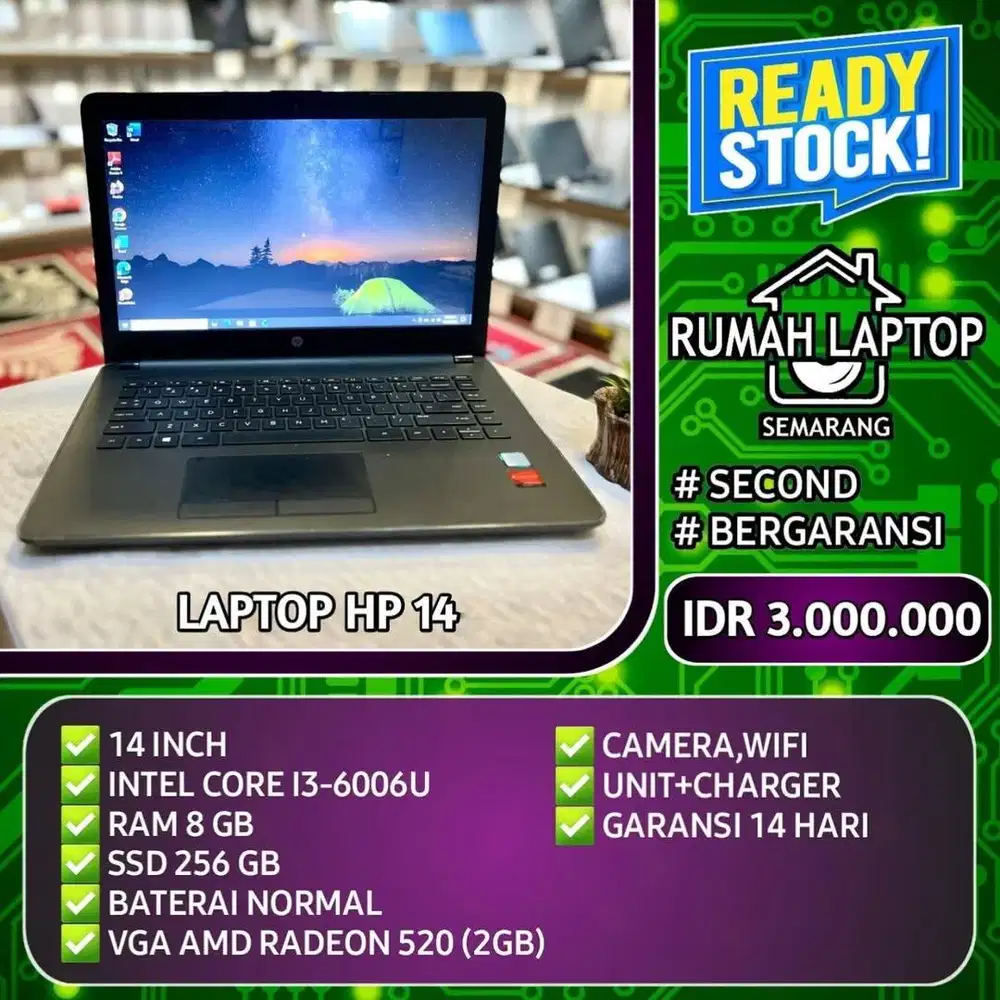 Laptop HP 14 (second). Intel Core i3-6006U. RAM 8 GB. SSD 256 GB. VGA