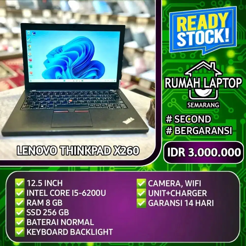 Thinkpad X260 (second). Intel Core i5-6200U. RAM 8 GB. SSD 256 GB.