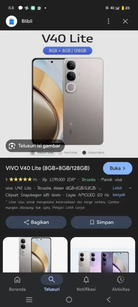 Di jual segera vivo v40 lite 8+8 silver