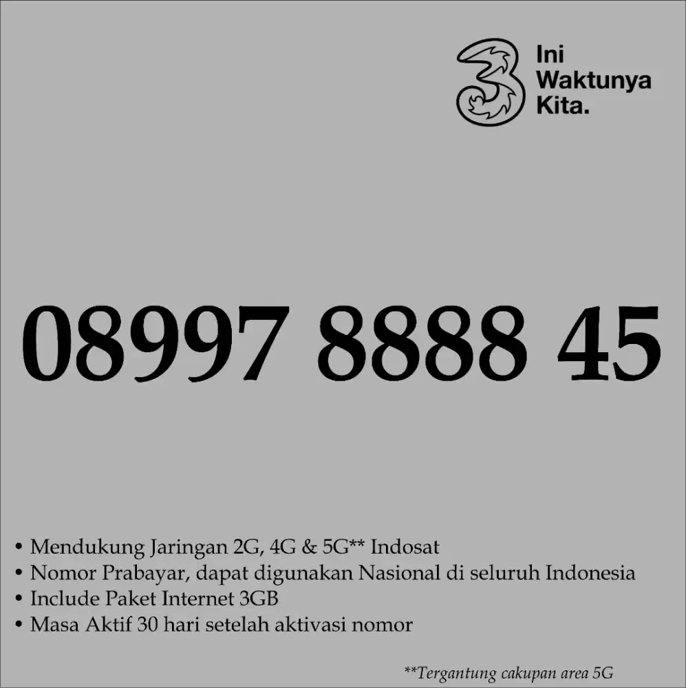 Perdana Nomor Cantik Tri 11 Digit Kwartet Segel Free Ongkir