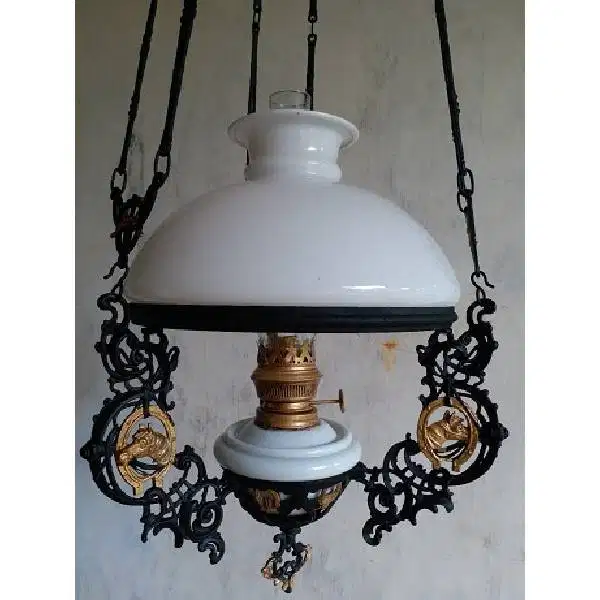Antik art deco Lampu minyak kerek/katrol antik era kolonial Belanda