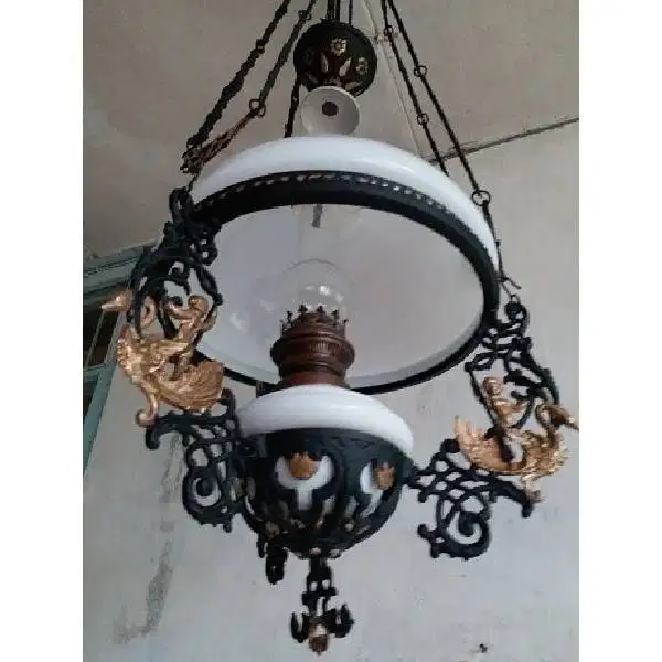 Antik retro Lampu minyak kerek/katrol art deco era kolonial