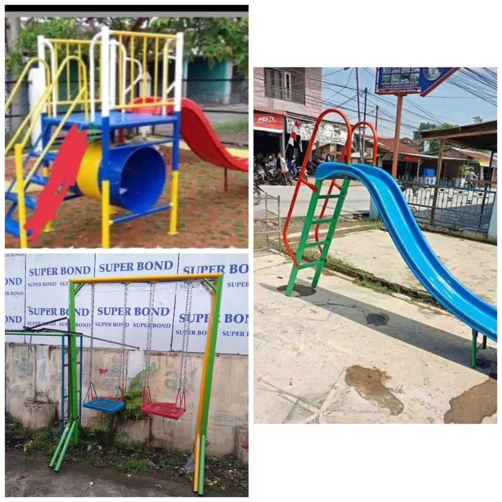 Perosotan, ayunan, jungkat jungkit, playground, bola dunia dll