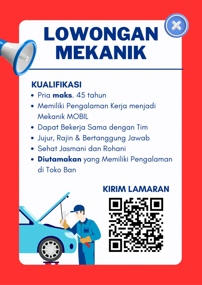 LOWONGAN MEKANIK MOBIL ATAU HELPER AREA BANDUNG
