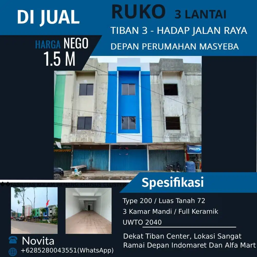 Ruko 3 Lantai Siap Pakai Hadap Jalan Raya Tiban 3 Depan Perumahan Masy