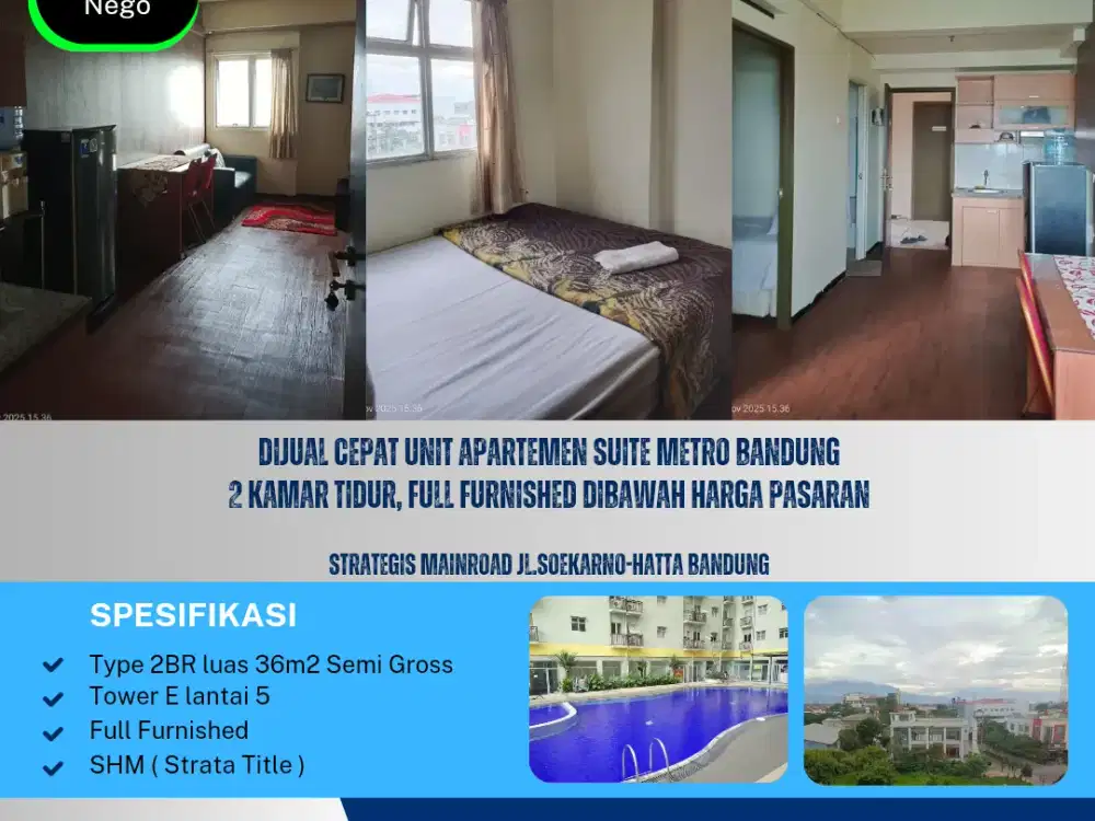 Dijual Cepat Unit
Apartemen Suite Metro Bandung
2 Kamar Tidur ( 36m2 Semigross ), Best View full furnished

Strategis mainroad jl.Soekarno-hatta Bandung