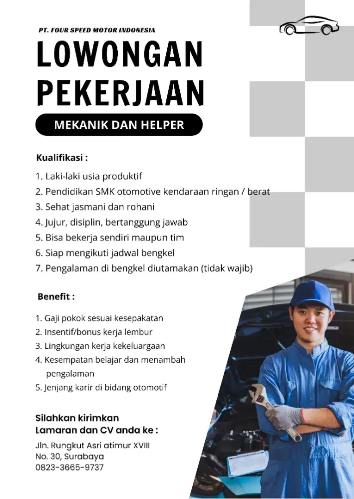 DIBUTUHKAN SEGERA MEKANIK DAN HELPER