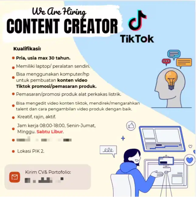 Dicari content creator kreatif, aktif, pemasaran produk
