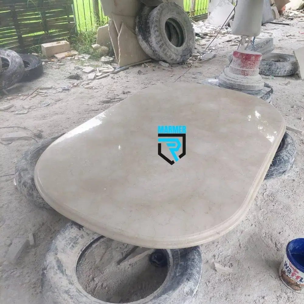 Top table oval batu marmer putih krem glossy kilap