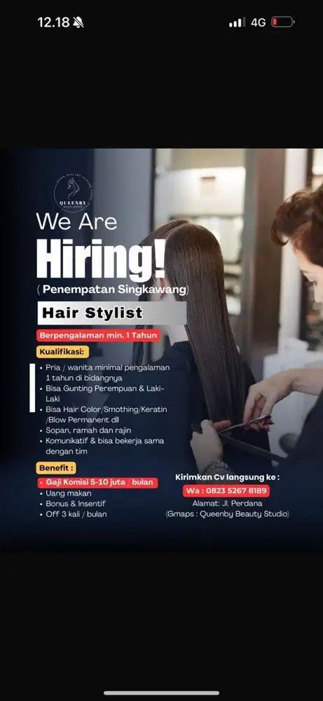 Dicari hair stylist berpengalaman