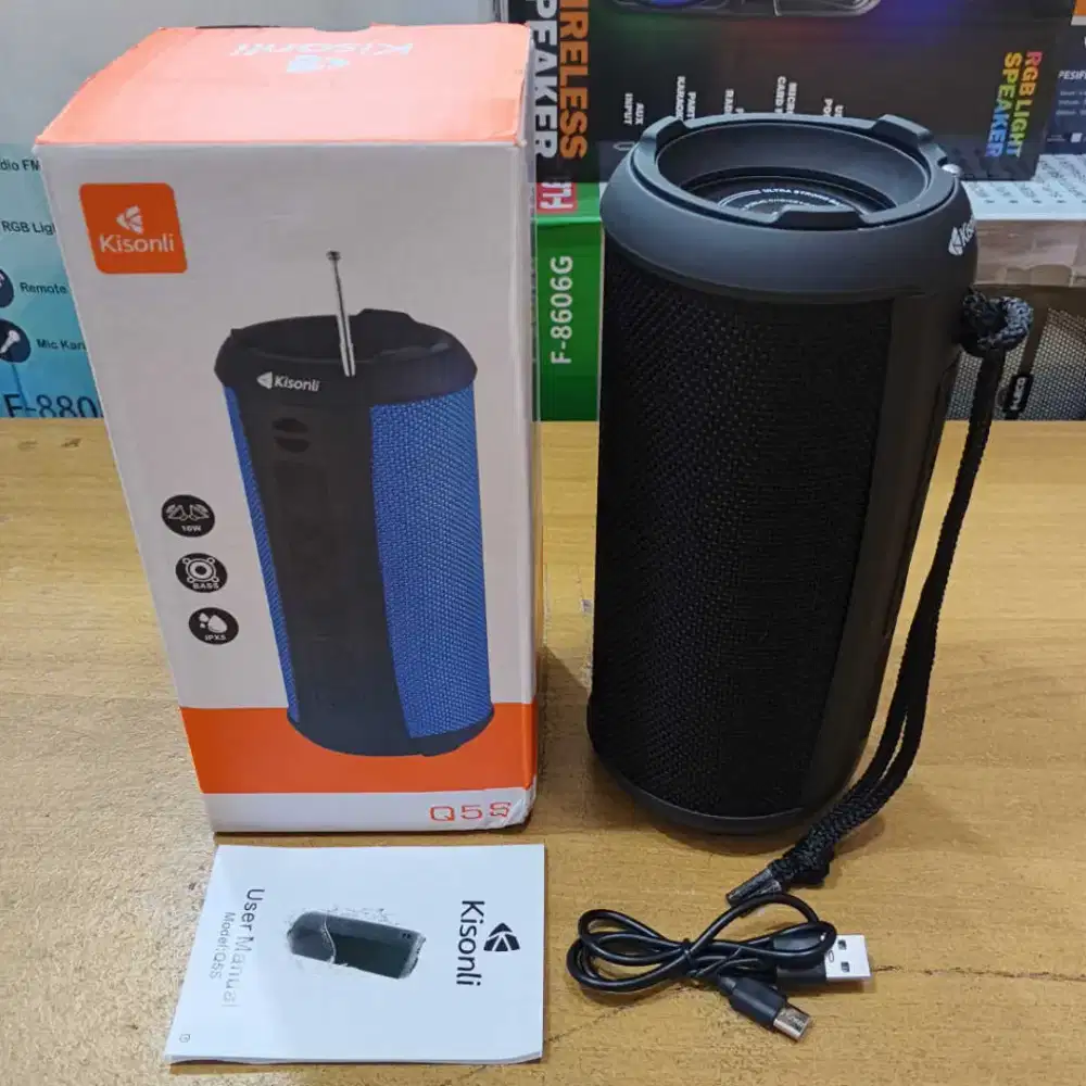 Speaker Bluetooth Kisonli Q5S Portable IPX5 Dual Bass FM Radio TF AUX