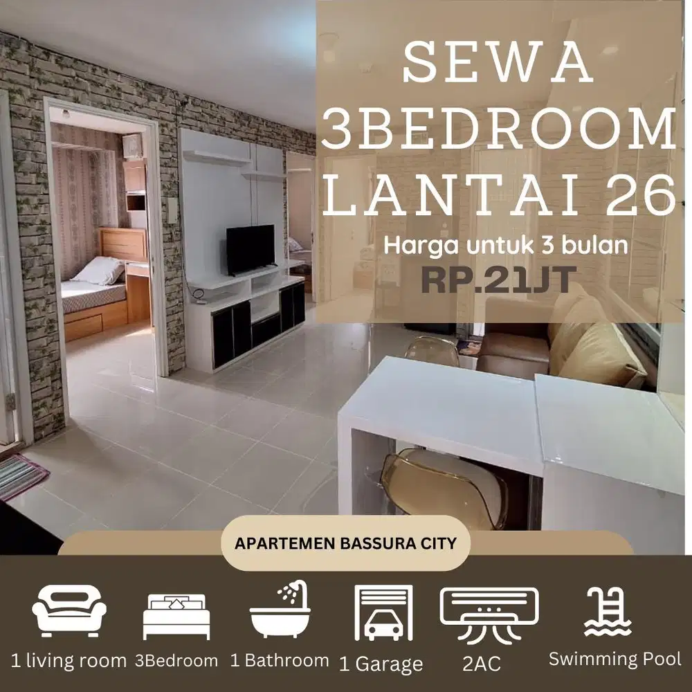 3 kamar sewa full furnis lengkap atas mall apartemen bassura city