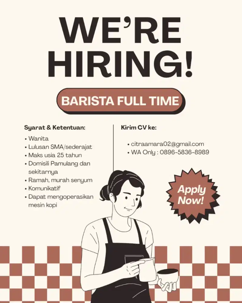 LOKER BARISTA FULL TIME PEREMPUAN