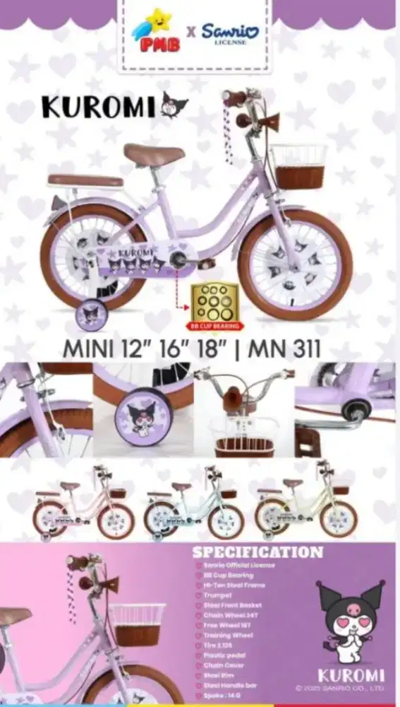 Sepeda Anak Cewk Mortein Kuromi lengkap dgn terompet uk16 18