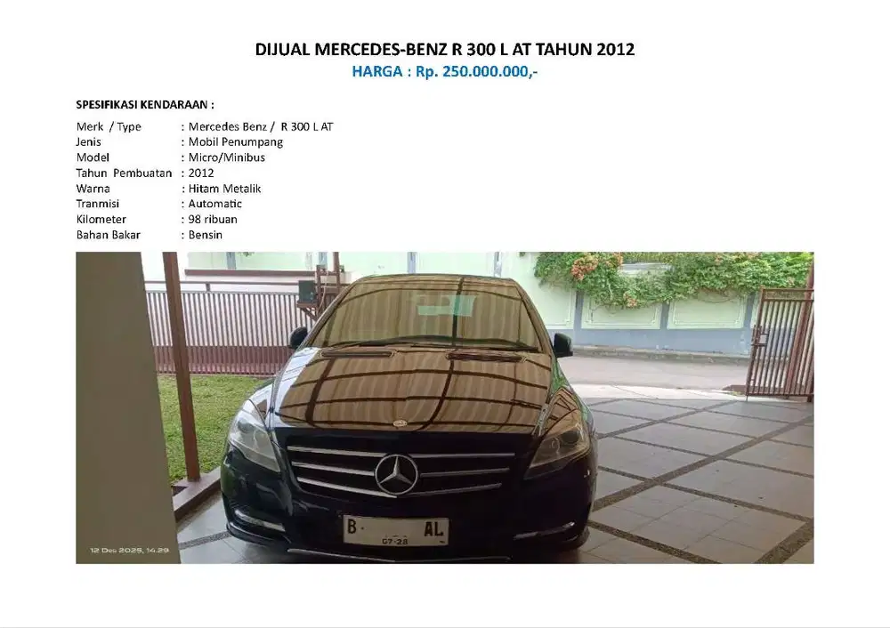 DIJUAL MERCEDES-BENZ R 300 L AT TAHUN 2012