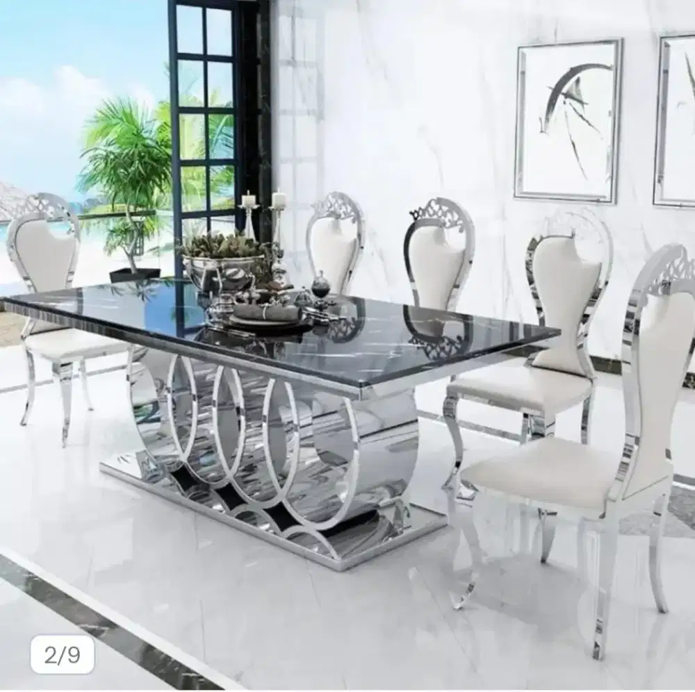 Meja Makan Marmer Modern Luxury Kaki Stainless Elegan