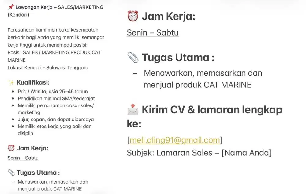 Lowongan Kerja – SALES/MARKETING (Kendari)