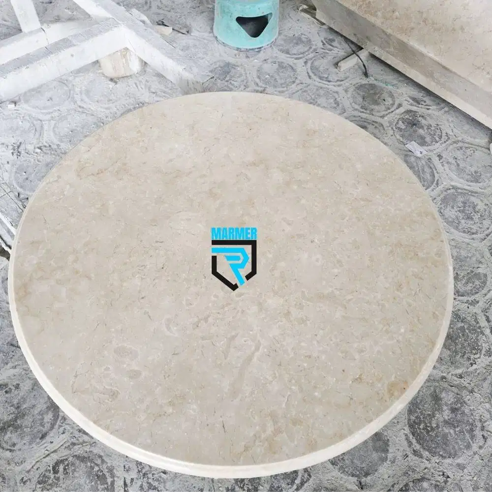 Daun meja bulat batu marmer putih krem glossy