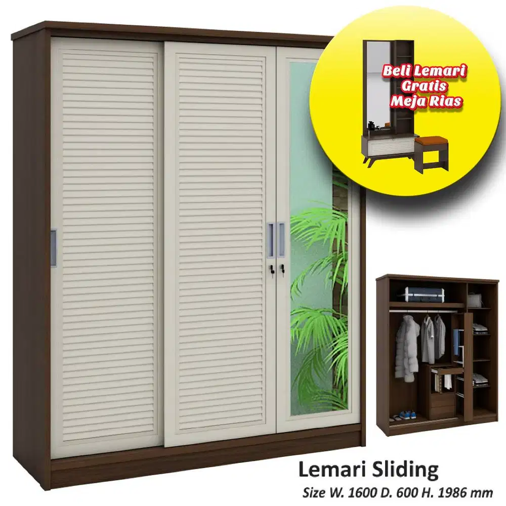 LEMARI PAKAIAN 3 PINTU SLIDING (FREE ONGKIR & PASANG) TEBEL 15 MM