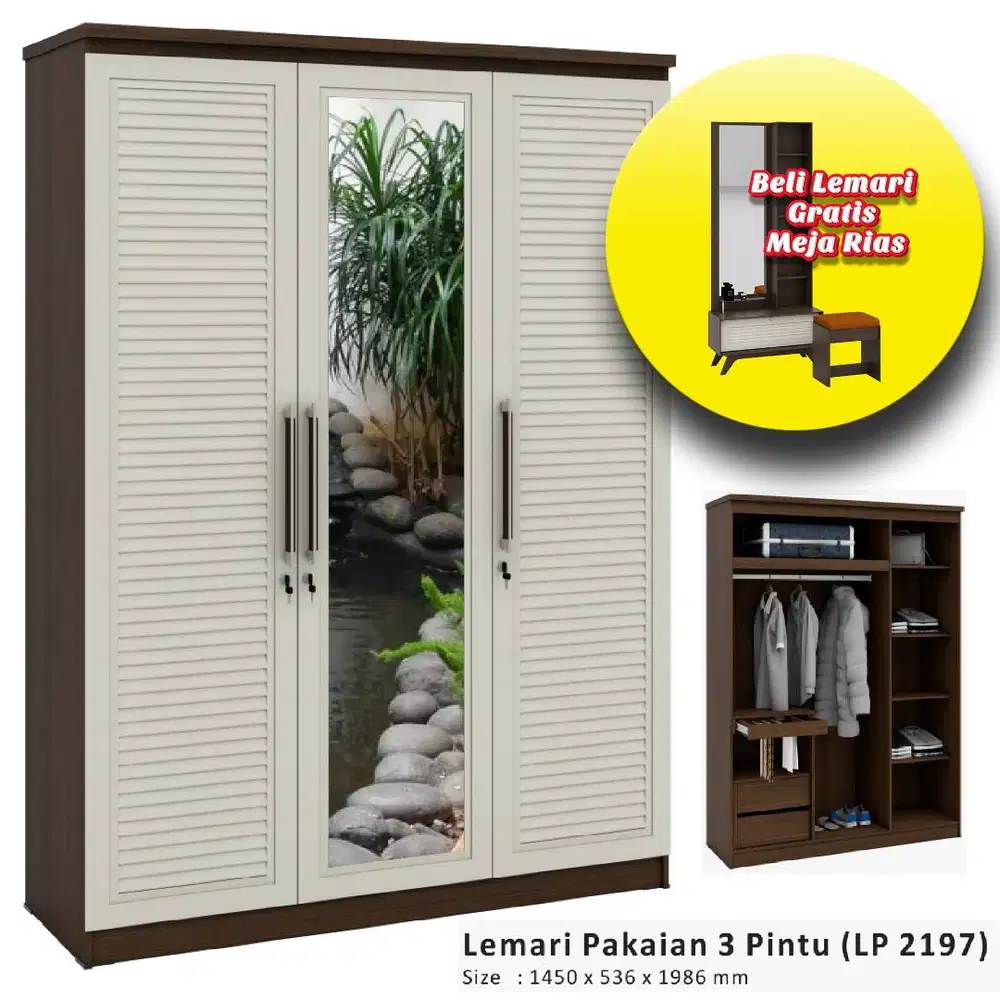 LEMARI PAKAIAN 3 PINTU (FREE MEJA RIAS)