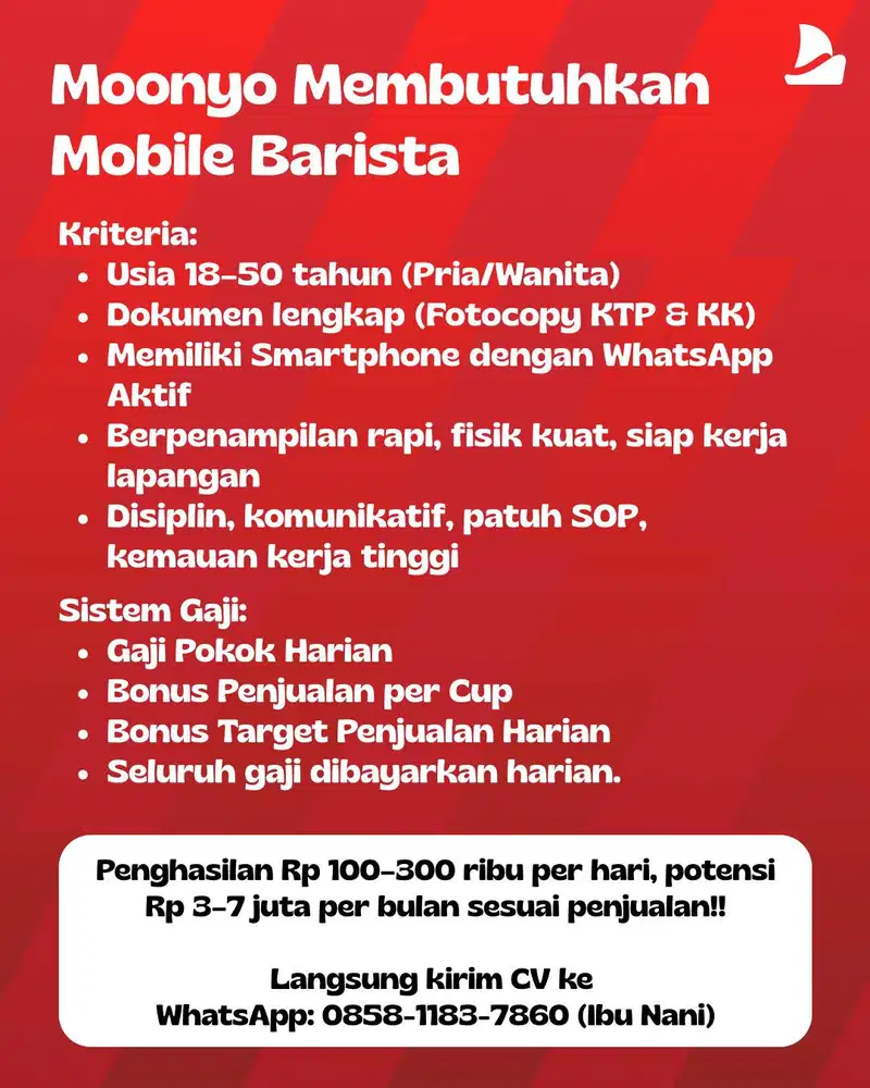 LOWONGAN MOBILE BARISTA MOONYO - JAKARTA SELATAN