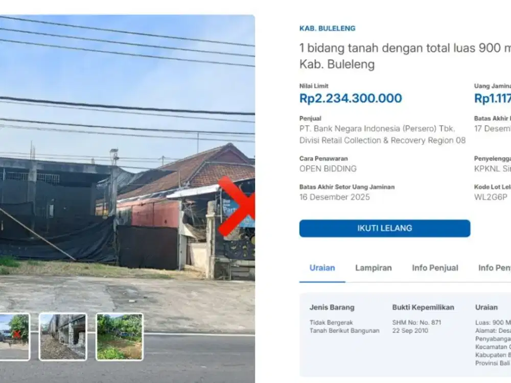 DIJUAL 1 BIDANG TANAH DAN BANGUNAN – KABUPATEN BULELENG