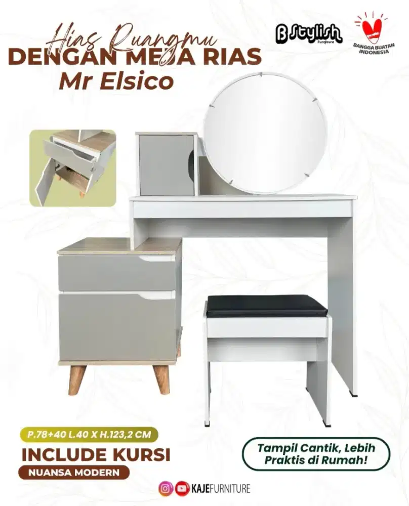 Meja + Kursi Rias Minimalis B-Stylish Elsico Cermin Bulat