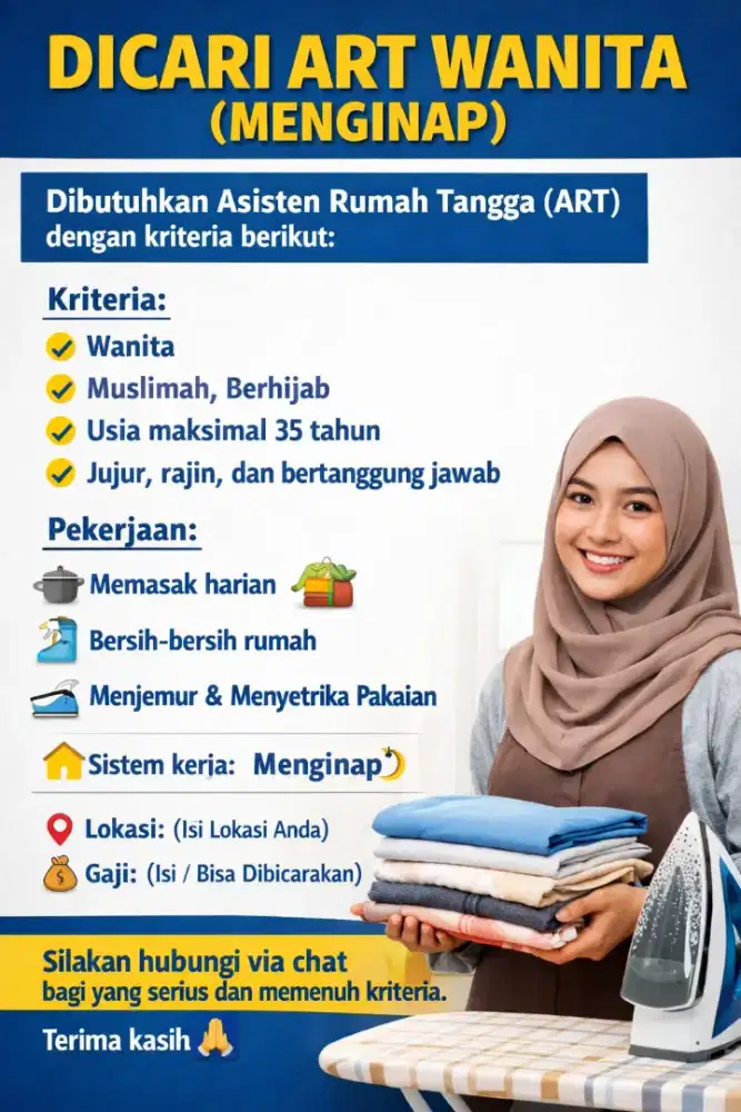 Dibutuhkan Asisten Rumah Tangga Muslimah
