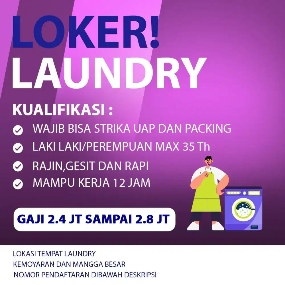 Loker produksi laundry di Kemayoran dan Mangga besar