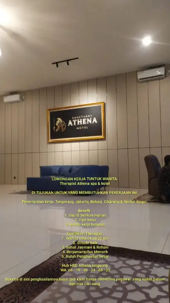 Lowongan staf Therapist Wanita Athena spa