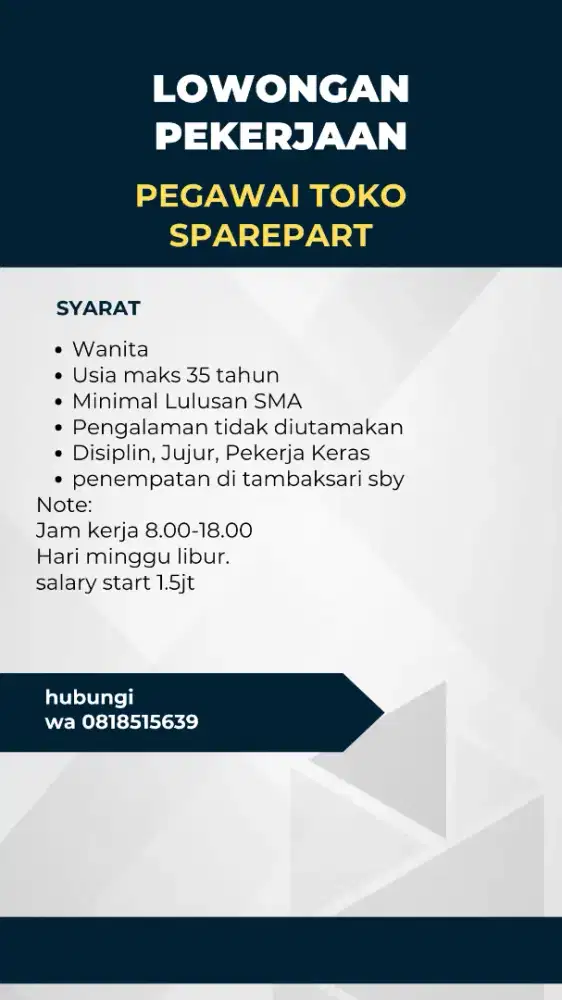 Lowongan karyawati toko sparepart