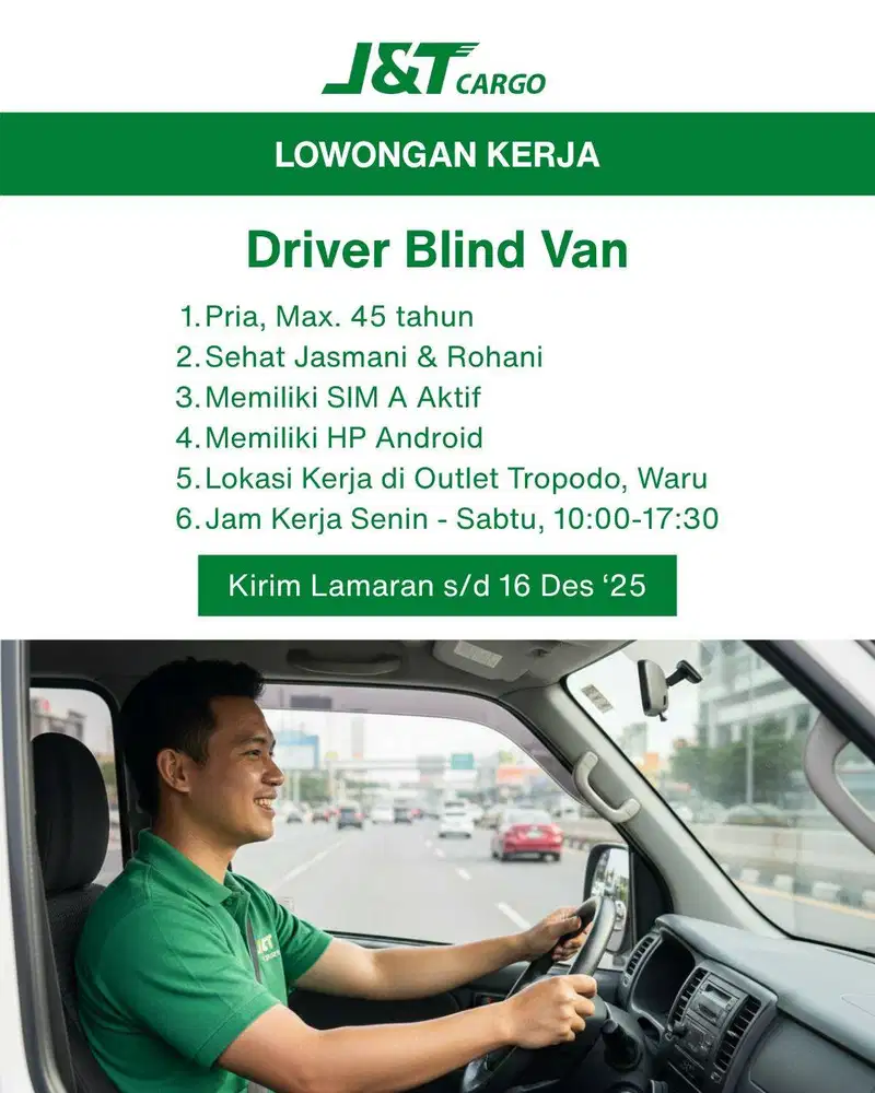 Lowongan Driver Blind Van J&T Cargo Tropodo