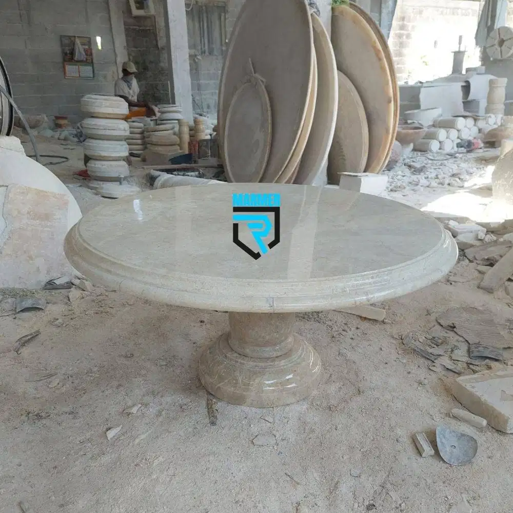 Meja tamu 1 kaki bulat solid full batu marmer putih glossy