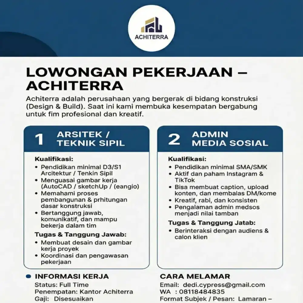 LOWONGAN KERJA ARSITEK / SIPIL & ADMIN MEDIA SOSIAL