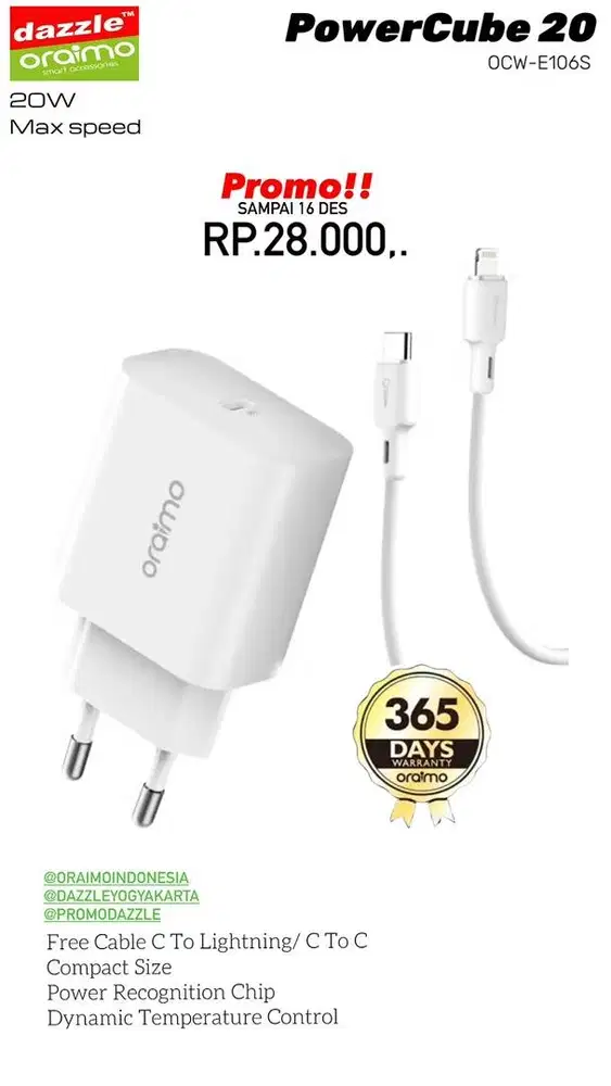 Charger 20Watt Oraimo Free Cable C / Lightning OCW-E106S