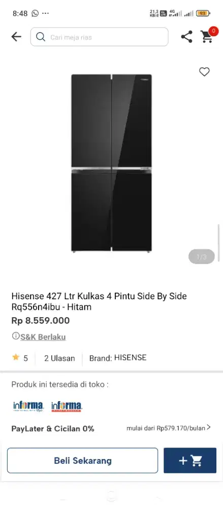 Hisense kulkas 4 pintu bisa cicilam tanpa DP cicilan pakai indodana